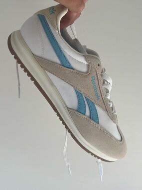 Reebok White and Light Blue Retro Trainer with Tan Suede Accents